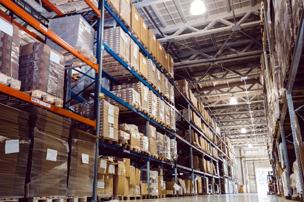 A picture of a stacked warehouse with lights